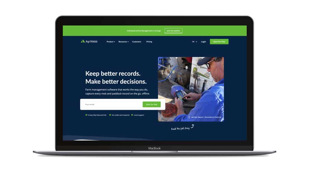 Multilingual agribusiness website showing UK and Australian localized versions of farm management platform